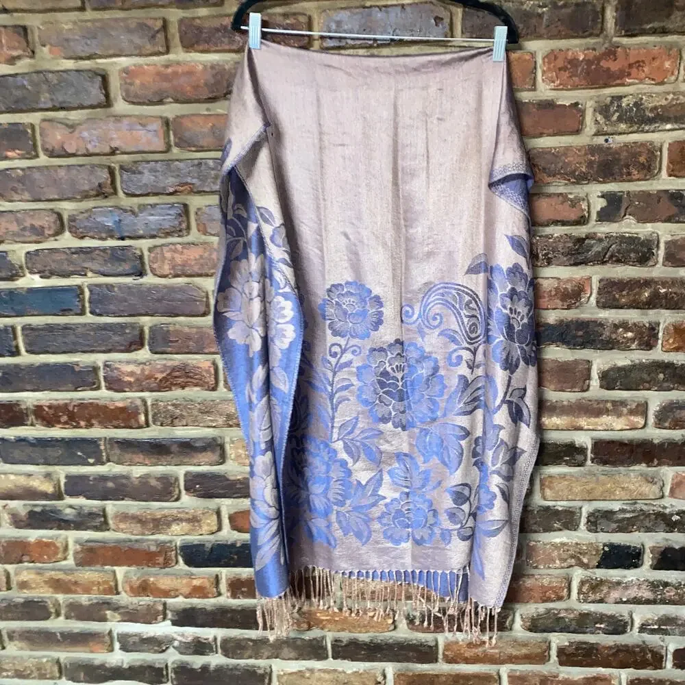 Pashmina Tan Blue Reversible 100% Pashmina Rectangle Shawl Scarf Women's